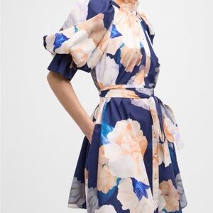 Floral Navy Belted Shirt Dress